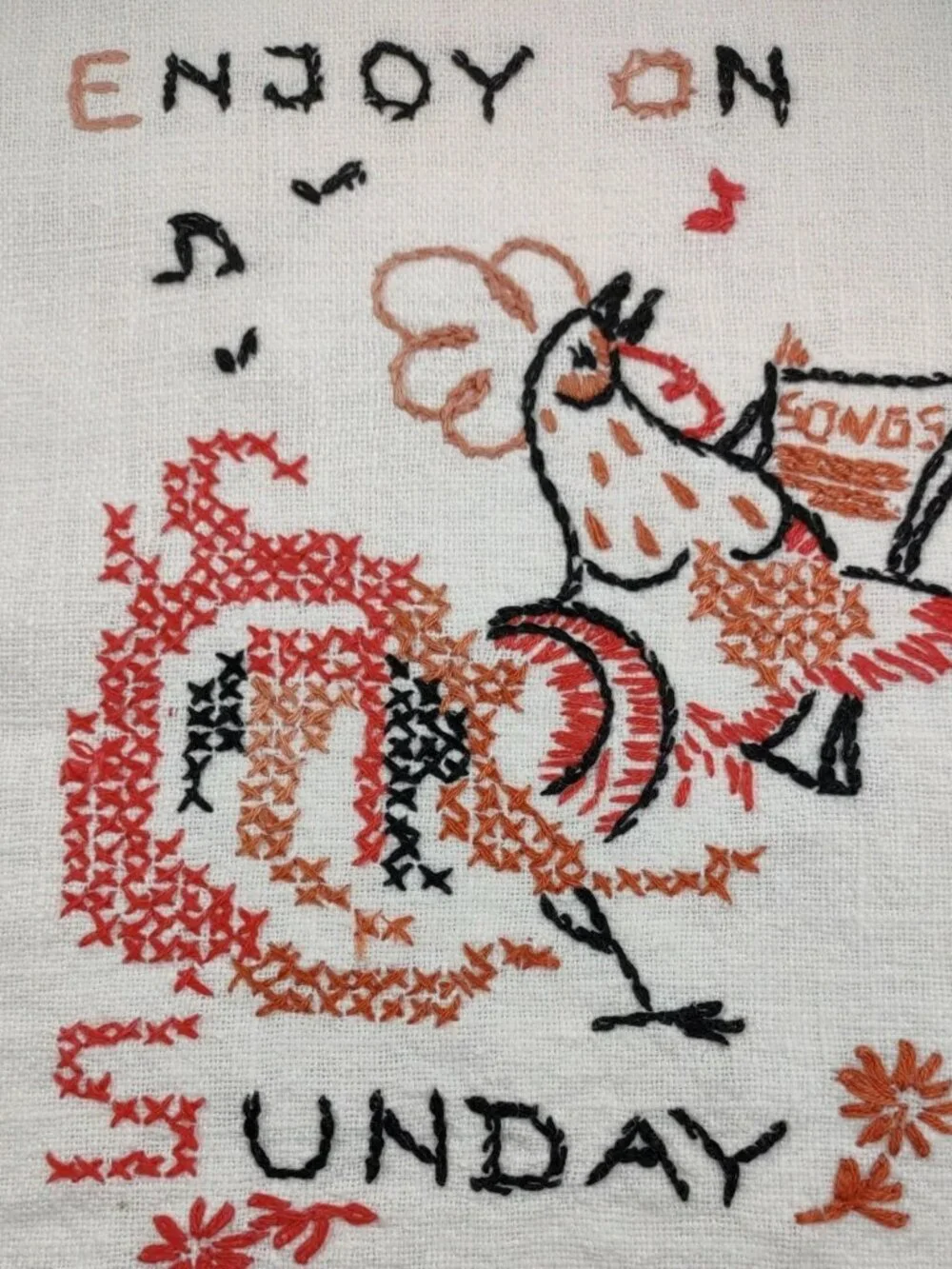 Vtg Tea Towel cross stitched Rooster red stripe SUNDAY 15.75